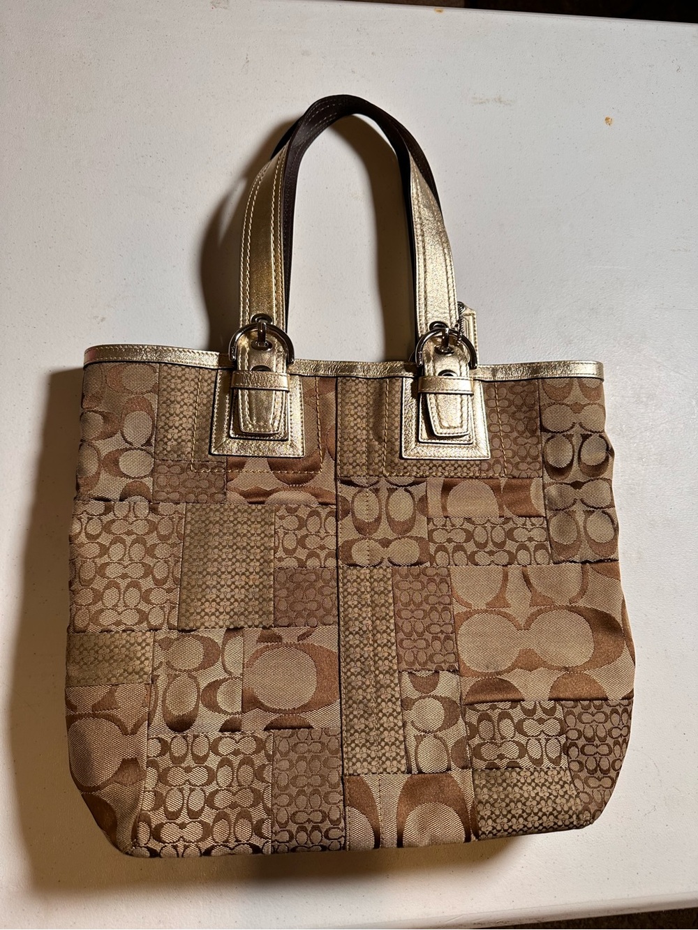 Coach Vintage Patchwork Canvas Tote Tan Gold Retro Y2K Rare HTF F12318 EUC